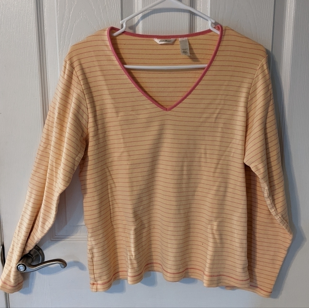 Eddie Bauer Peachy Pink Striped 100% Cotton Striped Long Sleeve Tee‎ Size Large